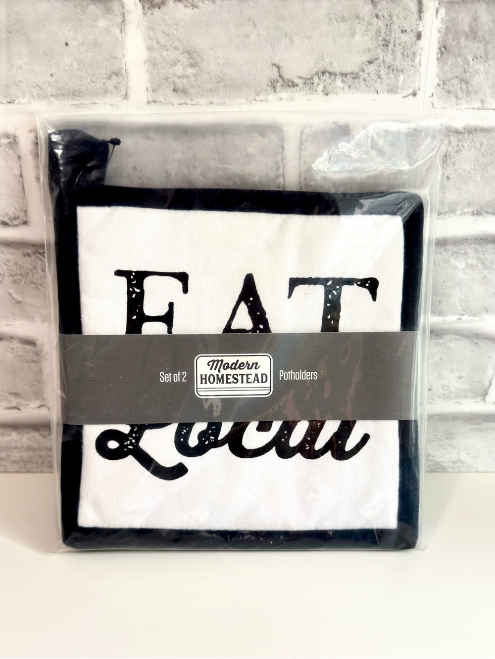 'Eat Local' Potholder Set ~ Black and White Buffalo Check - 2 Pack
